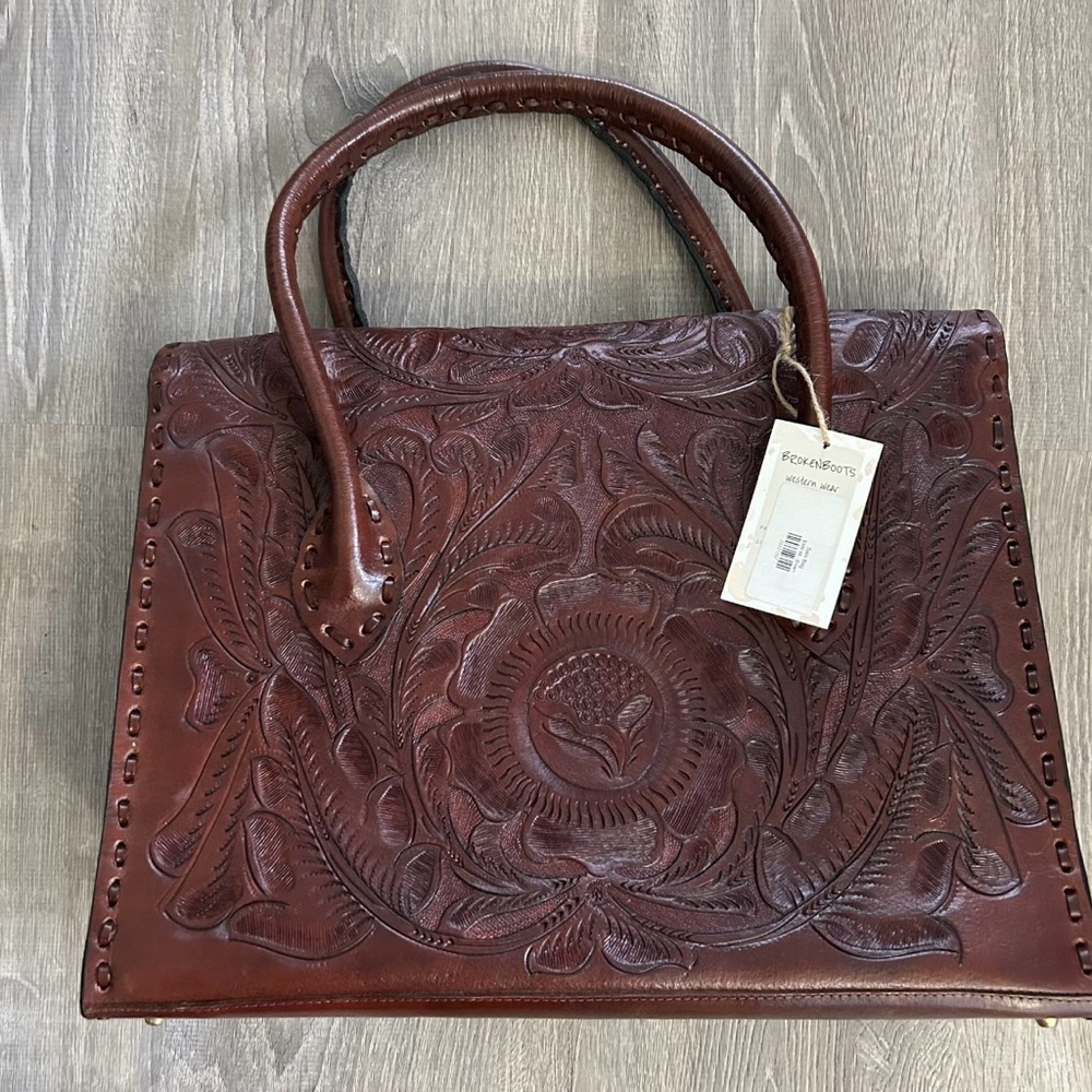 Large Top Handle Messenger Satchel Handtooled Leather Bag - Picture 12 of 12